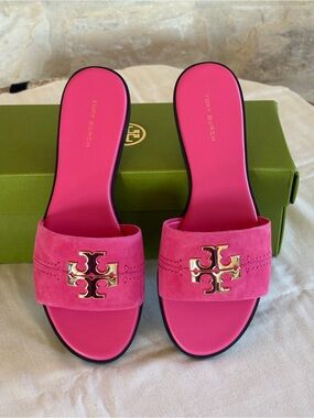 Tory Burch Hot Pink Suede Logo Slide Sandals size8